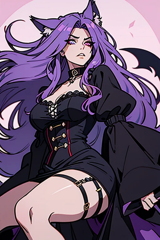 Long haired 18-year wolf woman with pastel Purple hair with heterochromia one blue eye and red eye with sharp teeth wearing a Victorian dress that is Red and black (SFW)