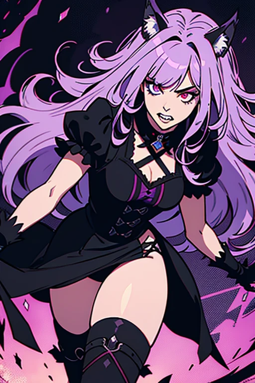 Long haired 18-year wolf woman with pastel Purple hair with heterochromia one blue eye and red eye with sharp teeth wearing a Victorian dress that is Red and black (SFW)