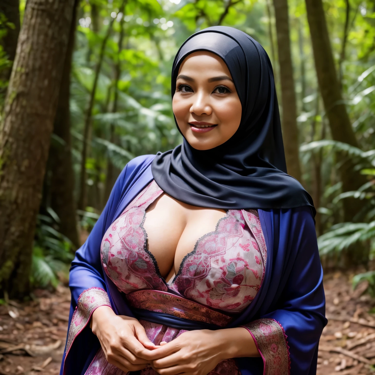 70 years old, Malaysian Hijab mature woman, Gamis, Massive Gigantic natural breast : 198.6, Droopiest Breast, PP Cup breast, Full body, seductive Face, Seductive Smile, at forest