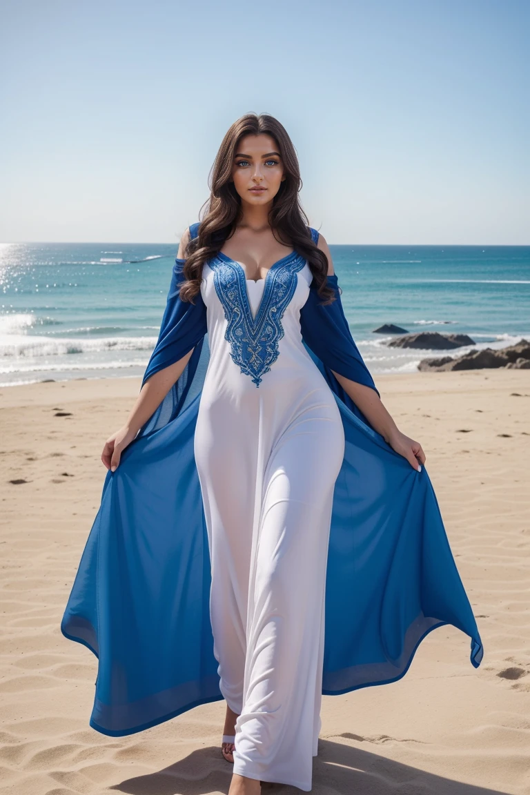 Instagram-Models posieren in corniche of Casablanca, in a deep blue and white futuristic kaftan, full entire body, beautiful detailed eyes, beautifully detailed lips, extremely detailed eyes and face, kurzes, welliges rosa Haar ((best qulaity)), ((Meisterwerk)), (detailliert), perfektes Gesicht, full entire body