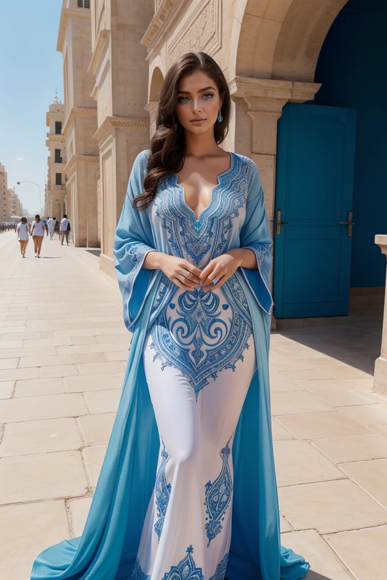 Instagram-Models posieren in Fes, in kaftan, full entire body, beautiful detailed eyes, beautifully detailed lips, extremely detailed eyes and face, kurzes, welliges rosa Haar ((best qulaity)), ((Meisterwerk)), (detailliert), perfektes Gesicht, full entire body