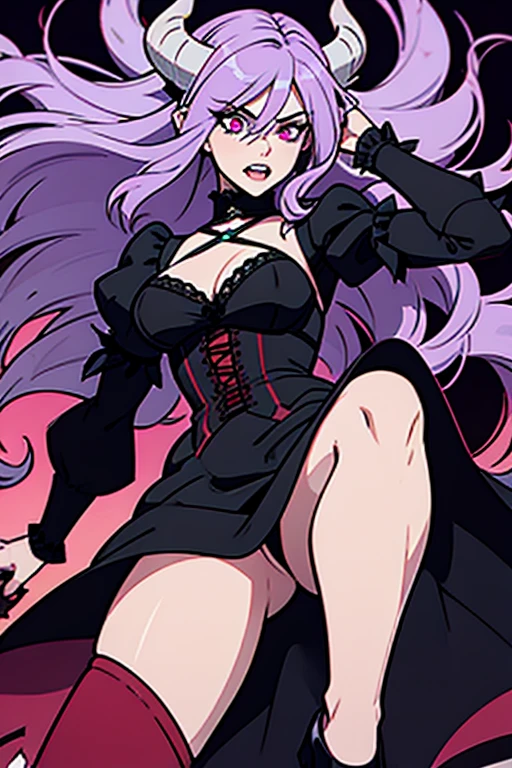 Long haired 18-year demon woman with pastel Purple hair with heterochromia one blue eye and red eye with sharp teeth wearing a Victorian dress that is Red and black (SFW)