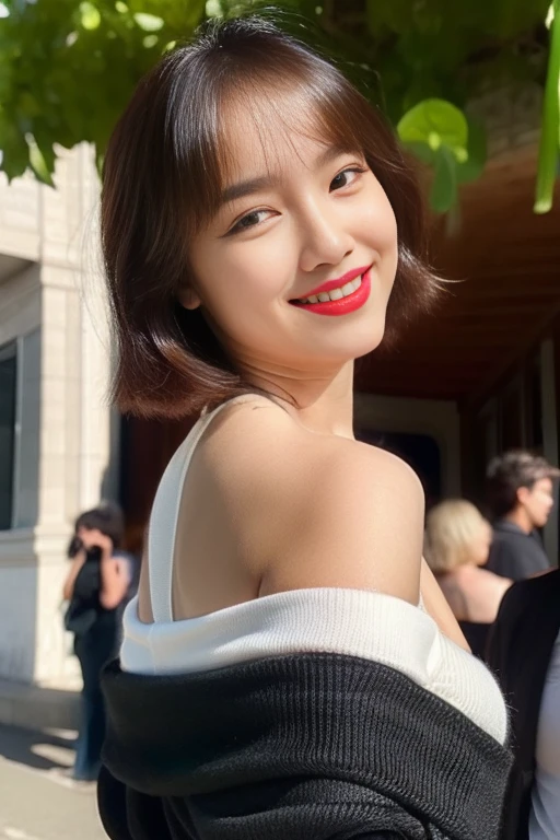 NSFW, 8k RAW photo, Best Quality, ((masutepiece)), 超A high resolution, Film grain, filmg,( 20yr old, Slender face, 1girl in, slanted eye, eyesight, long eyelashes, Eye Highlights), Looking at Viewer, Natural Skin Texture, A perfectly proportioned face, realistic eyes and face details, Full lips, lip stick, (makeup), Red eyeshadow, Perm Hair, Fluffy short hair, hair messy, Smile, closes mouth, Beautiful legs, Tall lady, skinny, slim_Legs, Solo, huge-breasted, cleavage, Ass, ( Location), (Detailed background), ((Black long-sleeved knit)), huge-breasted, cleavage, lowfers, Blurry background, Blurry, Short sleeves, Brown hair, Bangs, a necklace, Parted lips, Lips, From Side, depth of fields