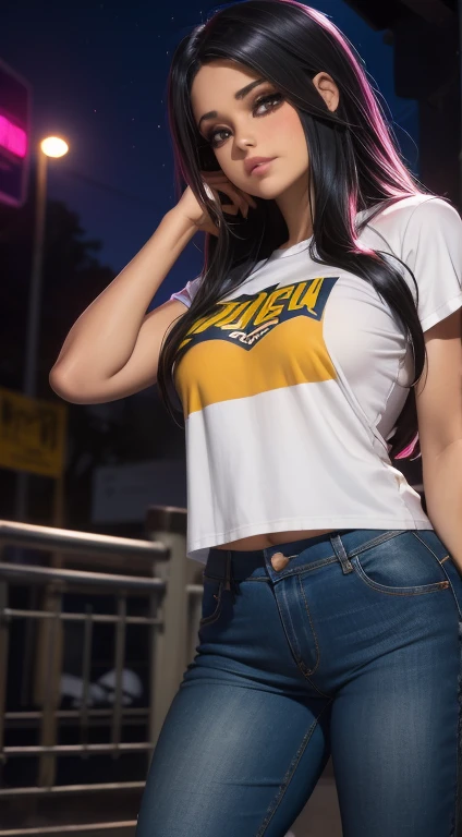 Hermosa mujer de piel morena cabello blanco ojos claros camiseta chaqueta de universidad dorada jeans negros en ciudad de neon de noche 