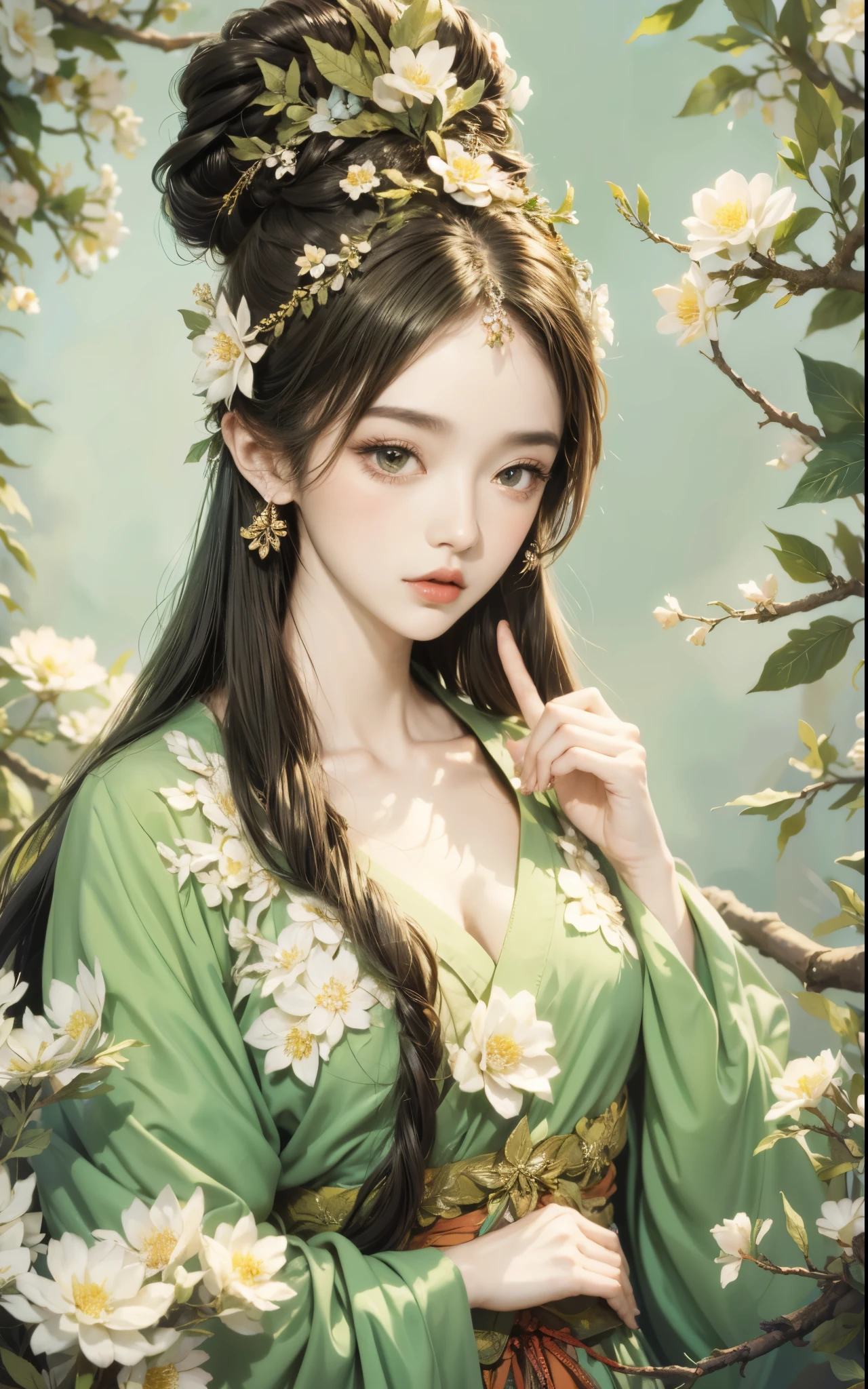 One  wearing a green skirt、Close-up of woman with a flower in her hair, ((beautiful fantasy queen)), beautiful fantasy queen, palace ， A girl wearing Hanfu, ancient chinese princess, beautiful figure painting, Inspired by Qiu Ying, Inspired by Lan Ying, Ancient China, chinese princess, Inspired by Ma Yuanyu, Queen of China