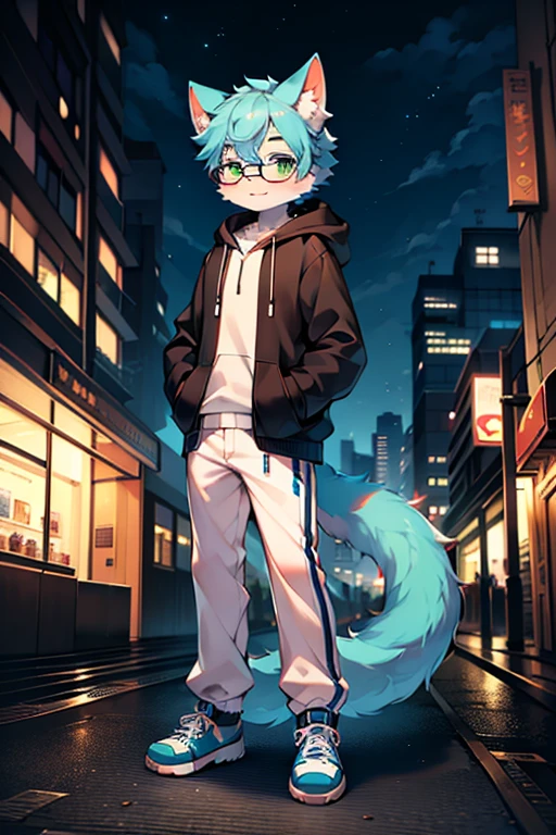 （best quality，4k，8k，high resolution，masterpiece：1.2），Ultra-detailed，（lifelike，lifelike，lifelike：1.37），blue short hair，fluffy，cute，illustration，Shota，digital painting，bright colors，Surreal，pastel color palette，soft light，hairy，Cat，Cat耳朵，Cat尾巴，green eyeale，long tail，personification，hairy艺术风格，blue fur，black hoodie，White loose trousers，sports shoes，city night view，There are God's eyes，Glasses，standing，Hand pockets）