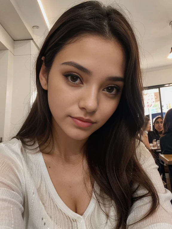 Foto de uma mulher morena de 20 anos, que tem um rosto muito natural, labios finos, olhos finos, sobrancelhas finas, nariz fino, brincos, long eyelashes. She takes a cute selfie in a cafe