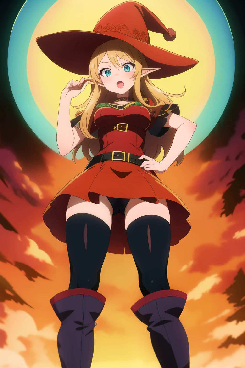 make a girl in anime art style, com cabelo curto e castanhos, orelhas de elfo, red witch hat with a belt, ambar eyes, com botas vermelhas longas, uma capa vermelha e um cinto na cintura, com luvas marrom, ela tem o tom de pele claro. Ela esta fazendo uma pose mostrando sua bunda enorme