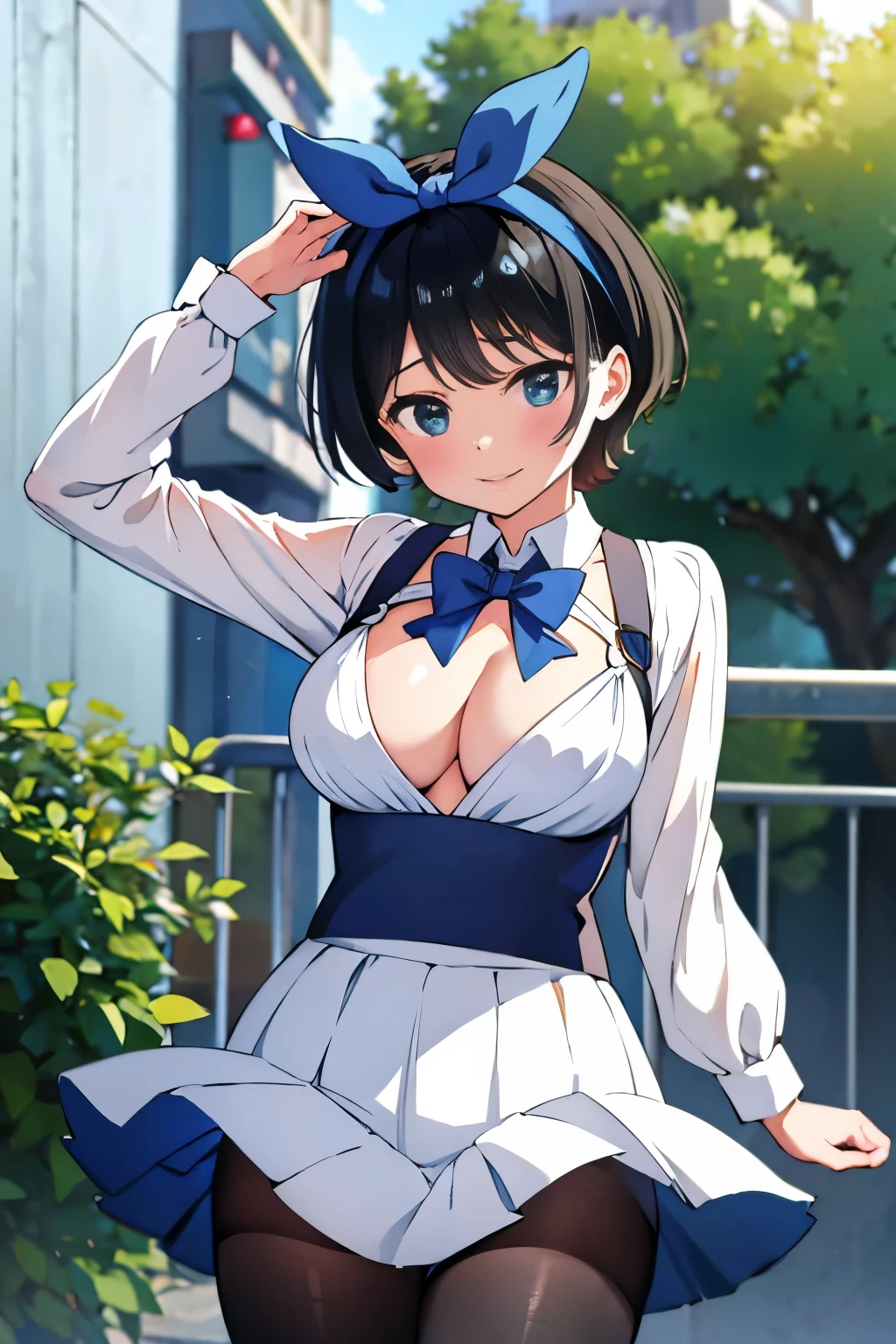 Main piece、high quality、High resolution、1 girl,single, Ruka Sarashina、jewelry、skirt、Sailor uniform that exposes the chest、ネイビーのプリーツskirt、black hairの女性、short hair、black hair、black pantyhose, blue eyes, long sleeve,, bow, bow, blue hair band, bangs, big full breast, cleavage, Medium waist, medium hips, wide thighs, Cowboy photos, smile, fascinating, embarrassing, blush、In town、lots of people、crowd, looking at the viewer,from below、Low - Angle,very big breasts、cleavage、no bra、no panties、no panties、nipple、nippleを出す、nippleからミルクが吹き出す、nippleからミルクが滴る