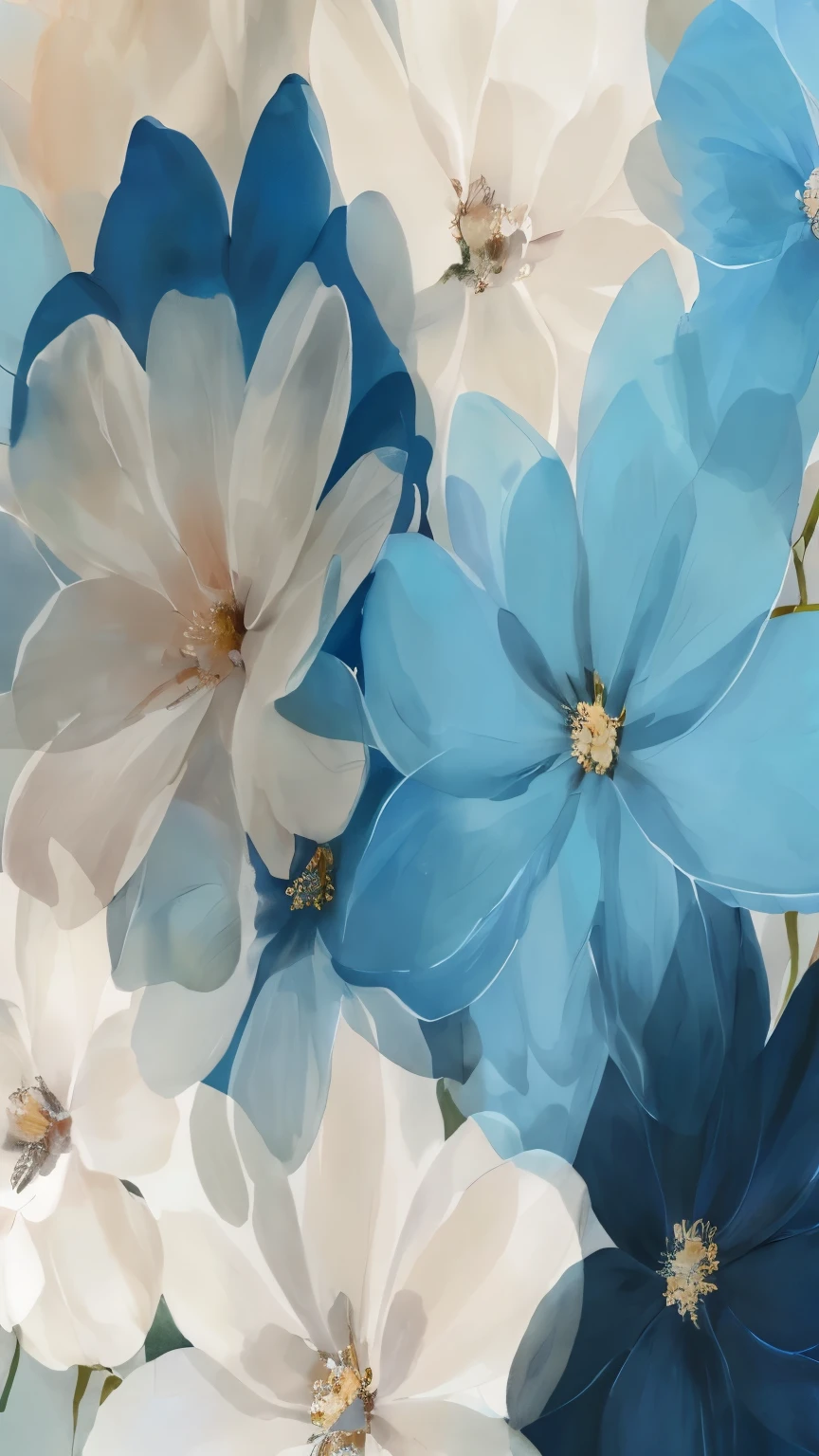there are many white and blue flower in a vase, blue-petals, elegant digital painting, warm blues, The paintings are elegant and delicate, blue flower, digital painting style, soft flower, Blue and cream, Beautiful digital painting, large opaque flowers, in stunning digital paint, soft digital painting, Gorgeous digital painting, blue flower accents