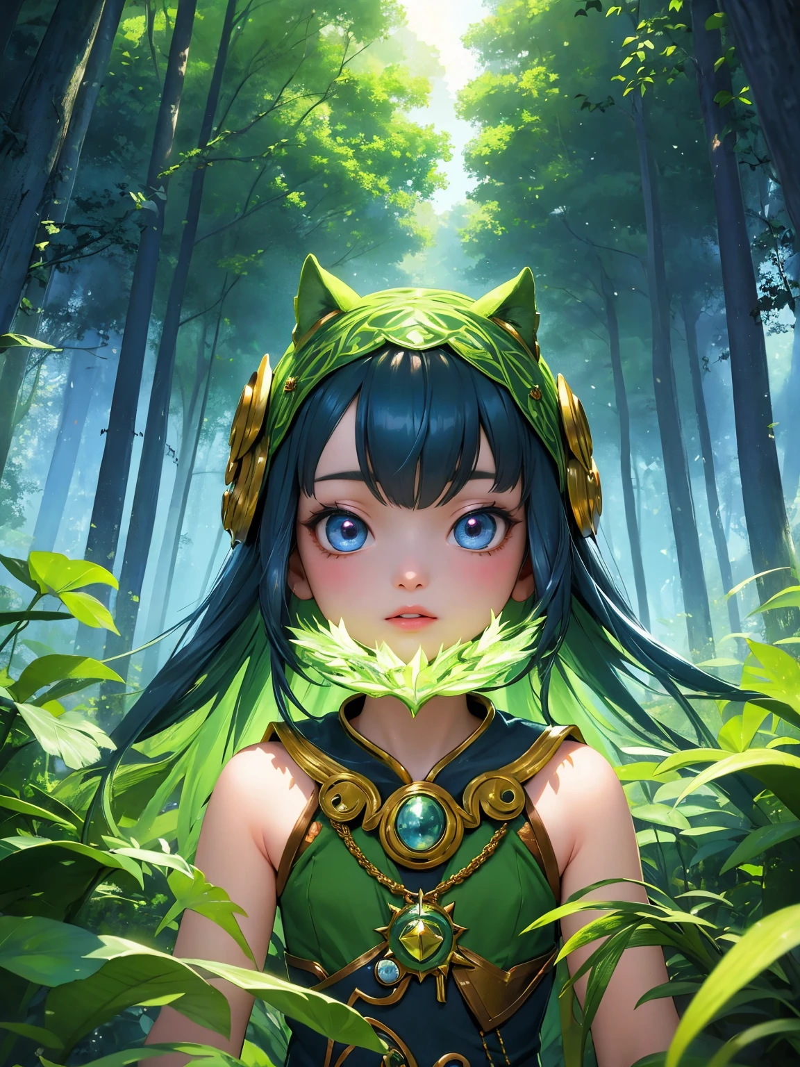 A magical forest with a Digimon and 1 girl, created using digital illustration techniques. The girl has beautiful detailed eyes, lips, and a long eyelashes, giving her a mesmerizing appearance. The forest is filled with vibrant colors and vivid details to make it more visually appealing. The artwork is of the best quality, with ultra-detailed elements and a photo-realistic style. The lighting in the scene is carefully crafted to enhance the magical atmosphere.