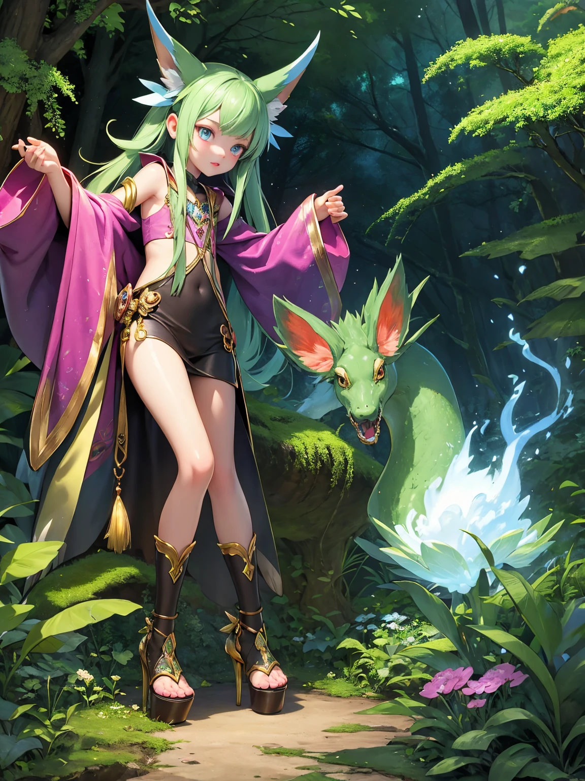 A magical forest with a Digimon and 1 girl, created using digital illustration techniques. The girl has beautiful detailed eyes, lips, and a long eyelashes, giving her a mesmerizing appearance. The forest is filled with vibrant colors and vivid details to make it more visually appealing. The artwork is of the best quality, with ultra-detailed elements and a photo-realistic style. The lighting in the scene is carefully crafted to enhance the magical atmosphere.