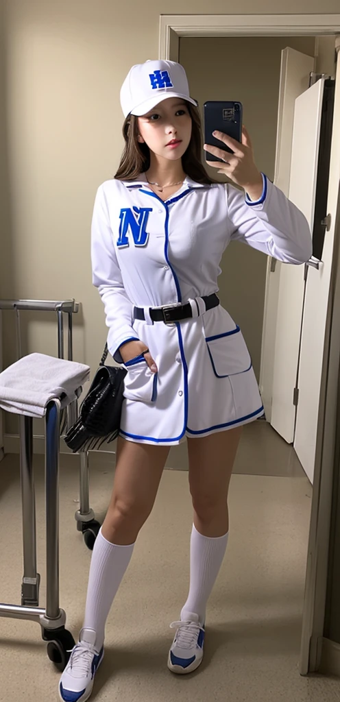 Whole body, entire body, pose for taking a photo, highest quality, masterpiece, super high resolution, (Hires), (Photoreal: 1.2), (Solo), (1 girl: 1.5), Absurd, (Hospital: 1.2), ( Inside the hospital: 1.2), transformation process, nurse wearing a nurse cap, nurse uniform with collar and pockets, white socks, transforming into a female baseball player, nurse cap transforming into a baseball cap, long-sleeved baseball undershirt forming, , the nurse uniform transforms into a baseball uniform, the skirt stretches and transforms into baseball uniform pants, a belt forms, the white socks transform into baseball under socks,