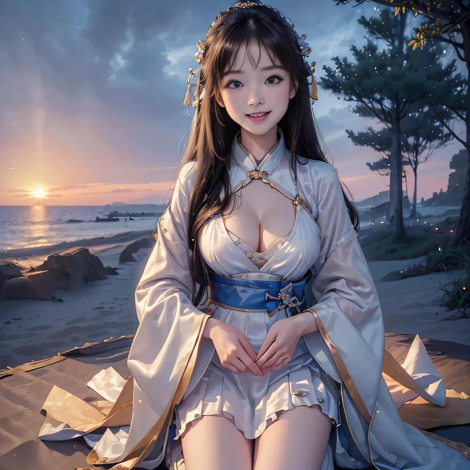 ((Full Body Esbione))、((、(huge boobs，cleavage. petticoat, bra))、((１In person))、((keep a certain distance、50ｍｍRenrush photography with a sunset sky in the background))、((From Side))，((Perfect girl body))、((lofty nose))、((Delicate body)),((Perfect limbs))、((anatomically correct body form))、((Kneel on the sandy beach)), ((flawless、clean、​masterpiece、Professional artwork、famousartwork))、((Perfect girl body))、((report))、(()), Beautiful Girl,   ((open v-cloth hanfu royal))、((Cream mini skirt)), ((pump pull body)),((Cute face))、 Very light skin ,Semi-long hair, Wavy Hair , Brown hair,japanes、 In the park in the evening, Photorealistic, direct lighting, Volumetric Lights, ultra-detailliert, Best Quality, Ultra-high resolution, nffsw, 8K Mastepiece, Best Quality, ((10 yeargirl)),((big eye))、、Raw photo, absurderes, ((With smiling eyes、ssmile)), ((Opening Mouth)),((Loli face：1.9))、((Young Face))，1个Giant Breast Girl，Beautiful eye and face details，tmasterpiece，Best quality at best，，The chest more exposed