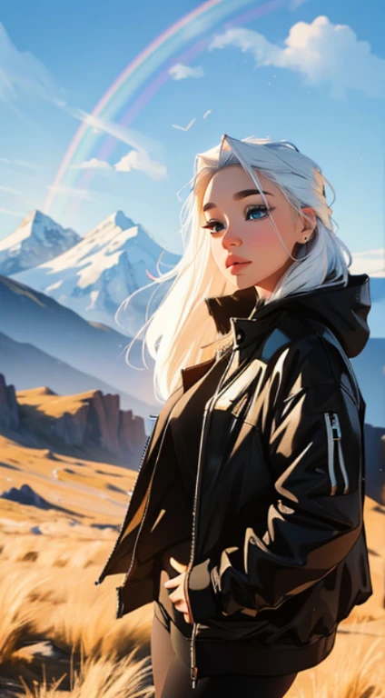 A beautiful girl with a detailed face and an eye-catching pose is standing in front of a colorful mountain landscape. The landscape features a variety of vibrant colors and includes a magnificent rainbow. The girl has long, white hair that adds to her elegance and uniqueness. She is wearing a hip-hop style padded jacket, which complements her trendy appearance. The image is captured in ultra-high definition portrait mode, ensuring the best quality and capturing every intricate detail of the scene. The lighting is professionally done, highlighting the girl's features and creating a visually stunning effect. The overall result is a masterpiece with realistic details, vivid colors, and a touch of fantasy.
