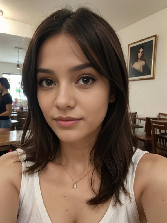 Foto de uma mulher morena de 20 anos, que tem um rosto muito natural, labios finos, olhos finos, sobrancelhas finas, nariz fino, brincos, long eyelashes. She takes a cute selfie in a cafe