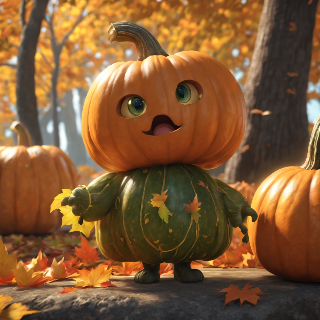 (best quality,4k,8k,highres,masterpiece:1.2),ultra-detailed,(realistic,photorealistic,photo-realistic:1.37),cute,cartoonish,pumpkin monster hair made of magic,autumn colors,vibrant,sharp focus,small detail carvings,handcrafted,texture-rich,painted textures,imaginative,creative,playful,whimsical,fantasy,enchanted lighting,glowing eyes,mischievous smile,expressive face,natural surroundings,majestic trees,falling leaves,magical atmosphere,soft sunlight,autumn breeze,curious creatures,hidden surprises,joyful,captioned storytelling,spooky-cute ambiance,hauntingly adorable,pumpkin vine details,delicate shadows,GIF-perfect moment