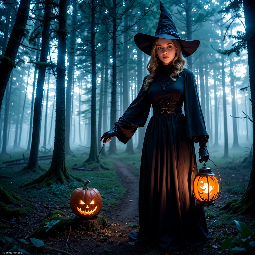 A girl with vibrant orange pumpkin carvings, beautifully illuminated with candlelight, in a spooky forest. The pumpkin carvings are incredibly detailed, showcasing intricate designs of scary faces and haunting patterns. The girl is dressed in a witch costume, complete with a pointy hat and a flowing black cloak. Her eyes are mesmerizingly bright, shining with an otherworldly glow. The forest is enveloped in an eerie mist, creating an atmosphere of mystery and suspense. The trees loom tall and twisted, their branches reaching out like skeletal hands. Moonlight filters through the dense foliage, casting a pale light on the scene. The ground is covered in fallen leaves, adding a crunchy texture to the setting. The artwork is meticulously crafted, with each stroke and edge perfectly defined. The colors are vibrant and intense, with a range of deep oranges, dark purples, and ethereal blues. The lighting is dramatic, highlighting the intricate details of the pumpkin carvings and casting eerie shadows across the scene. The overall effect is haunting and atmospheric, evoking a sense of Halloween magic and enchantment. (best quality, 4k, highres, photorealistic, HDR), ultra-detailed, professional, vivid colors, concept art, surreal lighting.