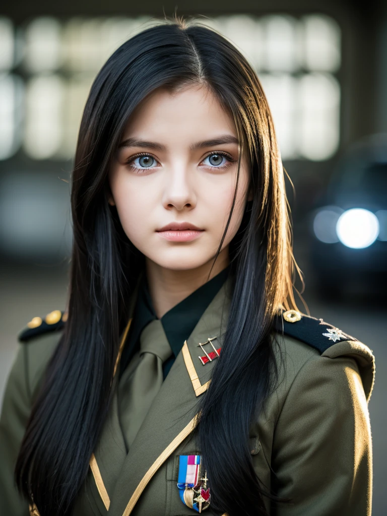 White 17-year-old girl with long black hair is wearing a military uniform, squinting, large hazel eyes, Science fiction, dark mood, Charterer V2