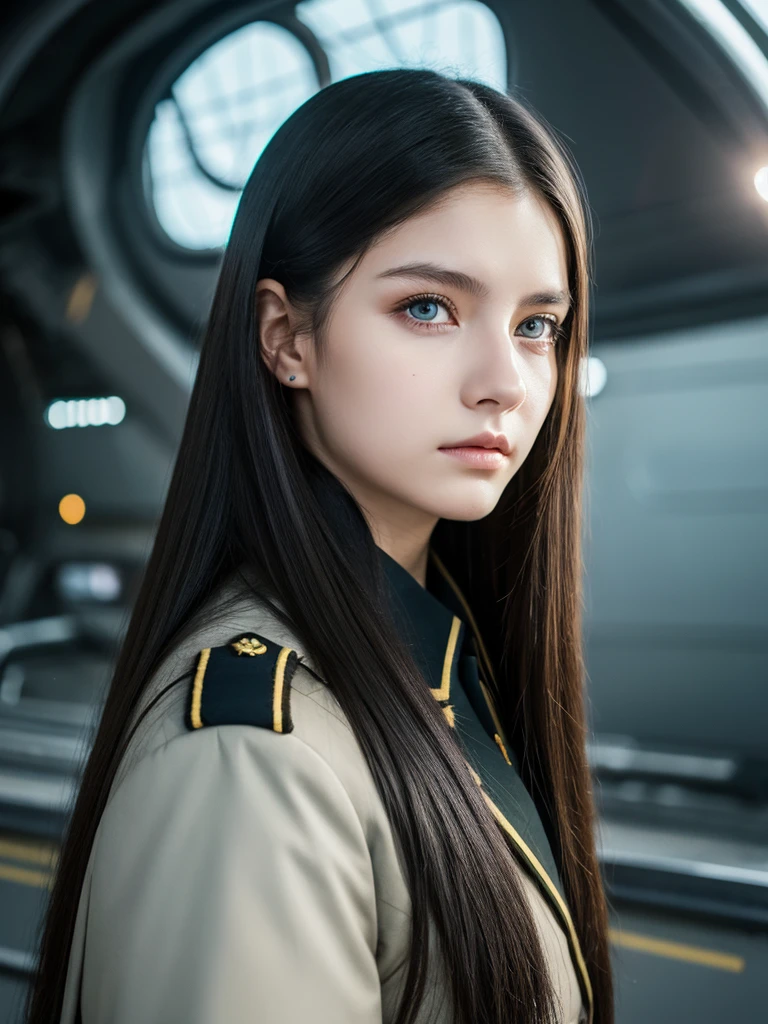 White 17-year-old girl with long black hair is wearing a military uniform, squinting, large hazel eyes, Science fiction, dark mood, Charterer V2
