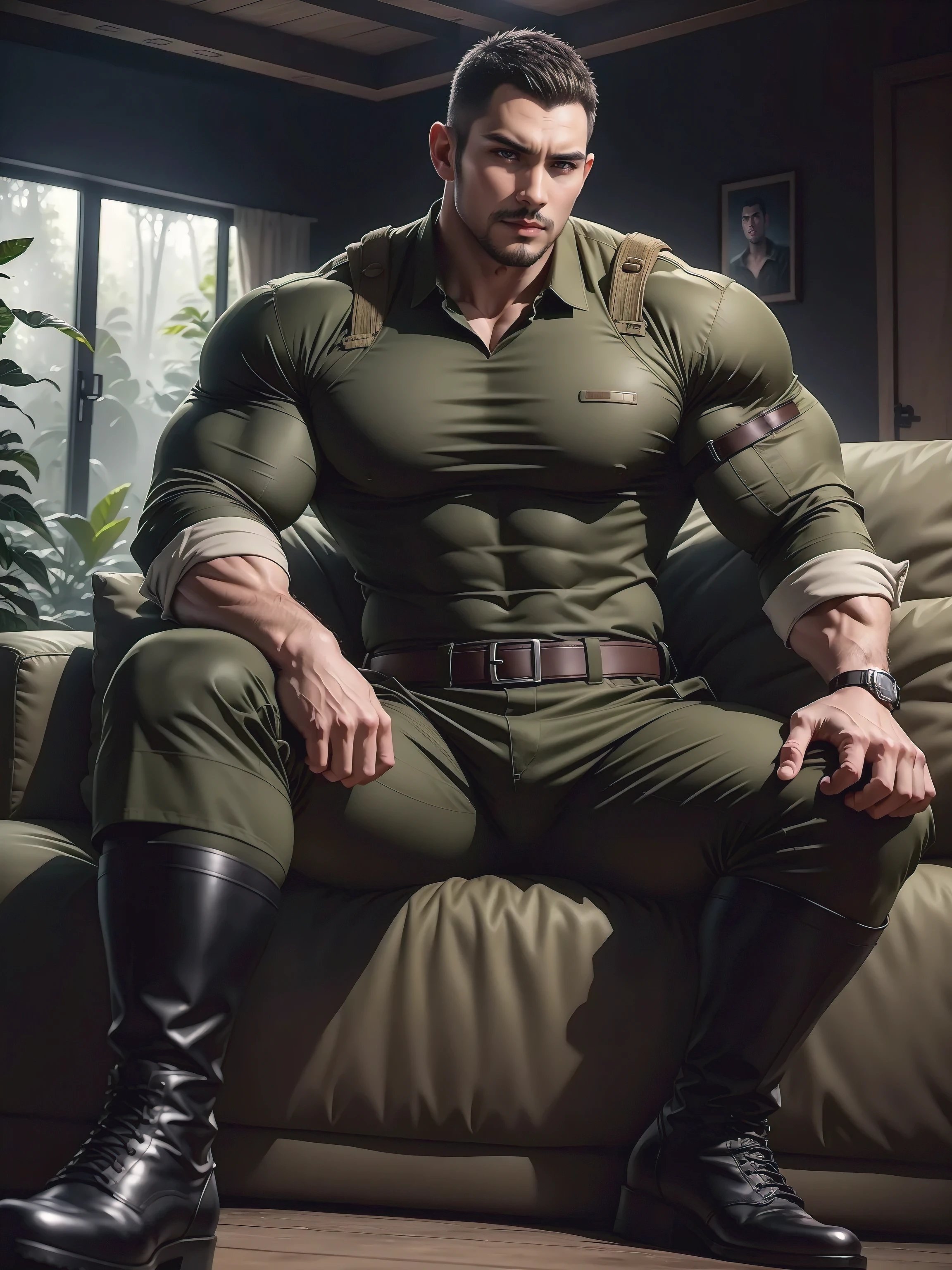 Tall giant muscular man with his mouth open and screaming sitting in the jungle，Dark brown camouflage military uniform，role conception（Resident Evil - chris redfield，chris redfield）His hairstyle  a crew cut，身穿Dark brown camouflage military uniform，matte texture，Soft and comfortable sofa，Sitting in the eerie sugar cane jungle, The body  wrapped in thick rattan，Sad expression，Deep and charming eyes，Sapphire eye male protagonist，heroic male pose，Tall and burly，muscular！Charming leg muscles，High, muscular, Heqiang， 身穿Dark brown camouflage military uniform， Super gain and cool， high resolution committee， Big feet in black boots，Charming strong man，The bright sunshine shines on you，Matte particles with shiny texture