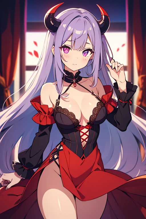 Long haired 18-year demon woman with pastel Purple hair with heterochromia one blue eye and red eye with sharp teeth wearing a Victorian dress that is Red and black (SFW)
