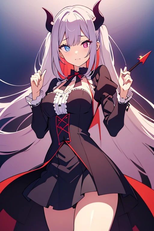 Long haired 18-year demon woman with pastel Purple hair with heterochromia one blue eye and red eye with sharp teeth wearing a Victorian dress that is Red and black (SFW)
