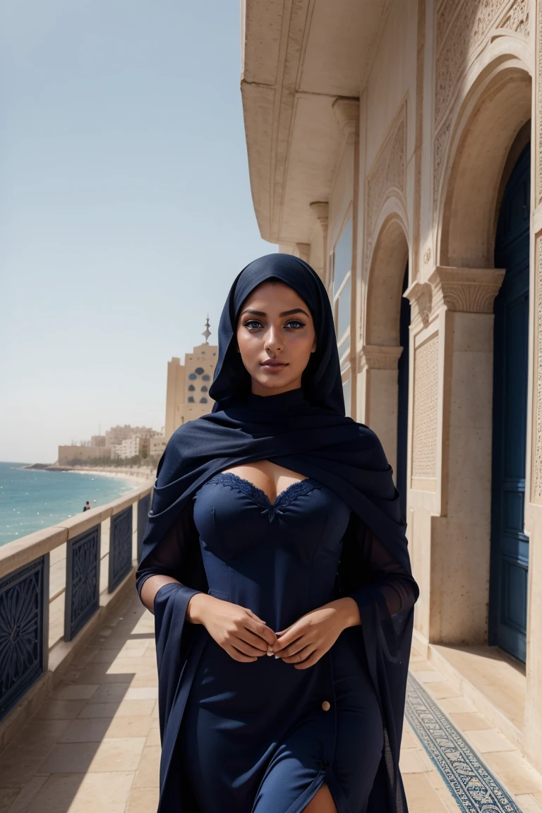 Instagram-Models posieren in corniche of Casablanca, in a dark blue and white futuristic djellaba , full entire body, beautiful detailed eyes, beautifully detailed lips, extremely detailed eyes and face, kurzes, welliges rosa Haar ((best qulaity)), ((Meisterwerk)), (detailliert), perfektes Gesicht, full entire body