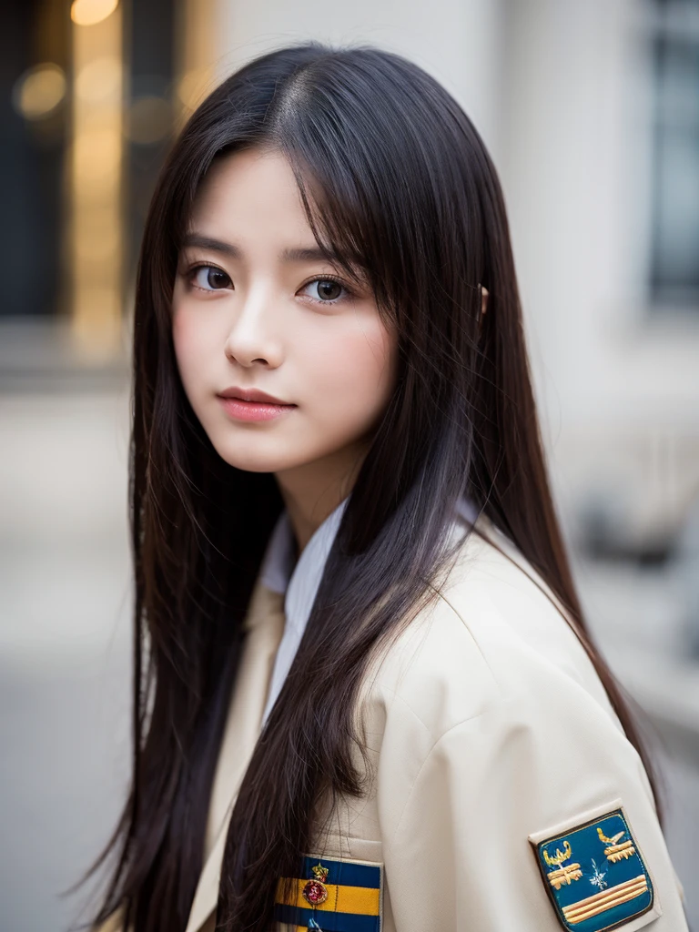 White -yeld giwith long black hair is wearing a military uniform, squinting, large hazel eyes, Science fiction, dark mood, Charterer V2