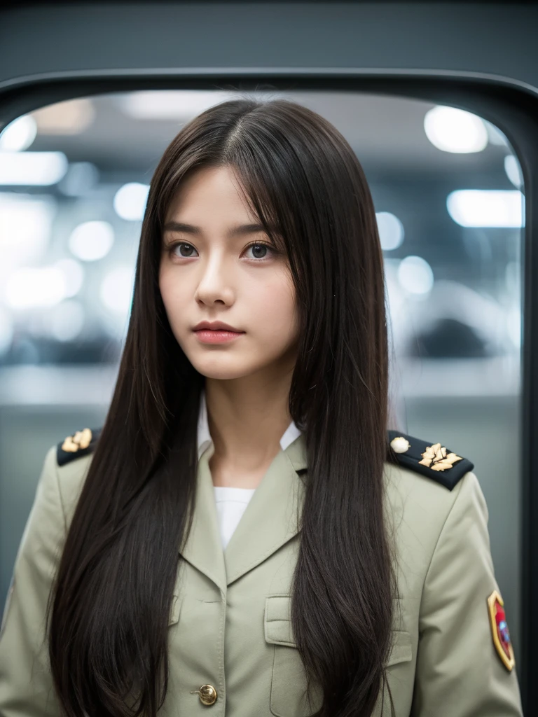 White -yeld giwith long black hair is wearing a military uniform, squinting, large hazel eyes, Science fiction, dark mood, Charterer V2