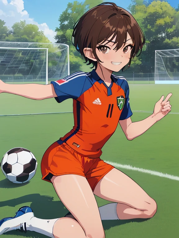 (((official art,Super thin illustration,High resolution, muste piece, best quality,best quality,)))high quality, detailed, (little boy),12 years old, A young ace striker male idol with a super cute face,A boy as beautiful as Planding, Cool handsome face with smile, soccer spike, long legs, thighs, Foots, Bulge, (brown hair、short hair)、shiny hair, (tight shiny orange soccer uniform suit), (tight and shiny soccer shorts), (Soccer Socks), grassy area, cool pose, (厚いthighs、big ass temptation)、(((soccer field in the park:1.2)))、((Saucy、grinning grin、))、spread legs,ultra fine painting, (best quality, In 4K, 8K, High resolution, muste piece:1.2),(((Being aware of the sexual gaze of middle-aged gay men)))、Service Shots、((detailedで大きな目:1.2))、cute eyes、(detailedな背景)