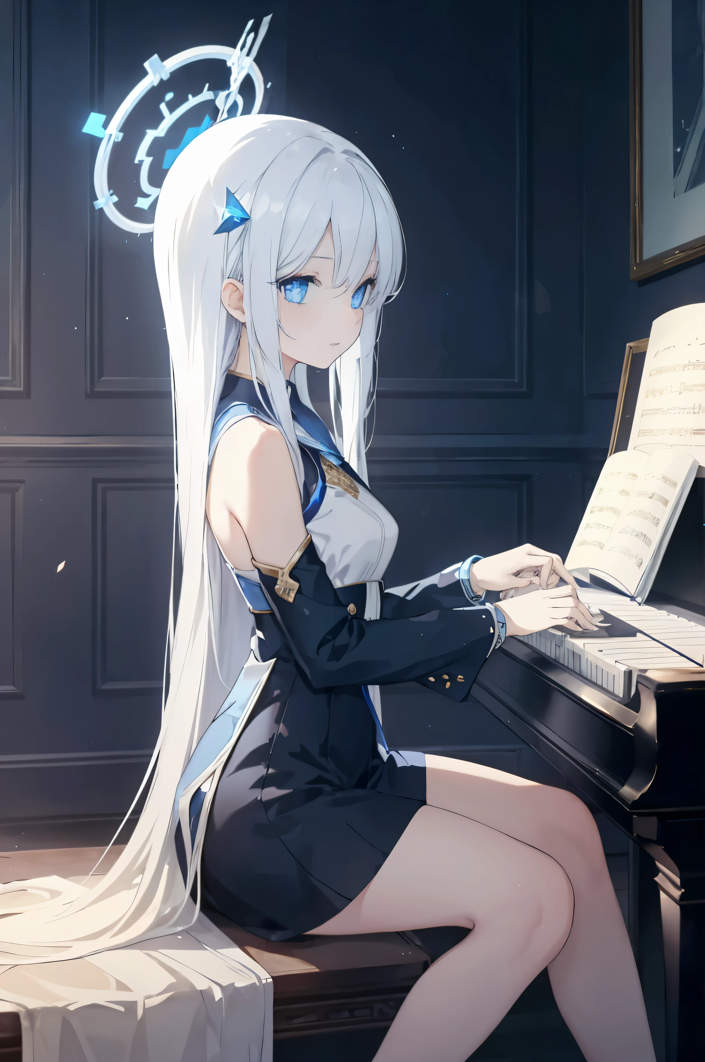 Thin and skinny figure，Calm and gentle expression，Calm eyes，stand，white long straight hair，Hair has turned white，white hair，eyes are blue，eyes sparkling，Highlights on Eyeemale&#39;s Hands，newbie，female face，Put your hands on the piano，There  a blue halo directly above the head，There  a blue halo on the head，Blue halo in polyhedral shape，Halo  only blue，tomorrow ark，tomorrow ark风格There  a blue halo on the head，Blue halo in polyhedral shape，There  a blue halo directly above the head，There  a blue halo on the head，Blue halo in polyhedral shape