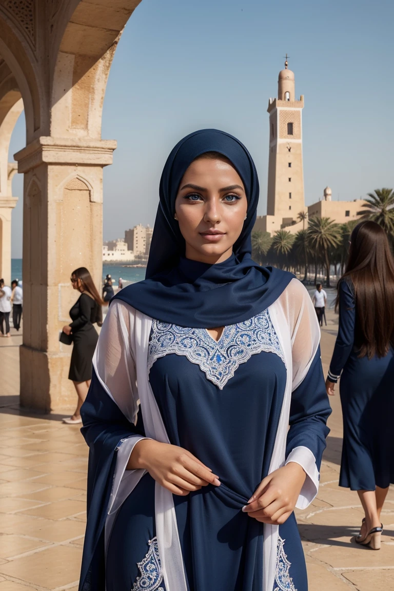 Instagram-Models posieren in corniche of Casablanca, in a dark blue and white futuristic djellaba , full entire body, beautiful detailed eyes, beautifully detailed lips, extremely detailed eyes and face, kurzes, welliges rosa Haar ((best qulaity)), ((Meisterwerk)), (detailliert), perfektes Gesicht, full entire body