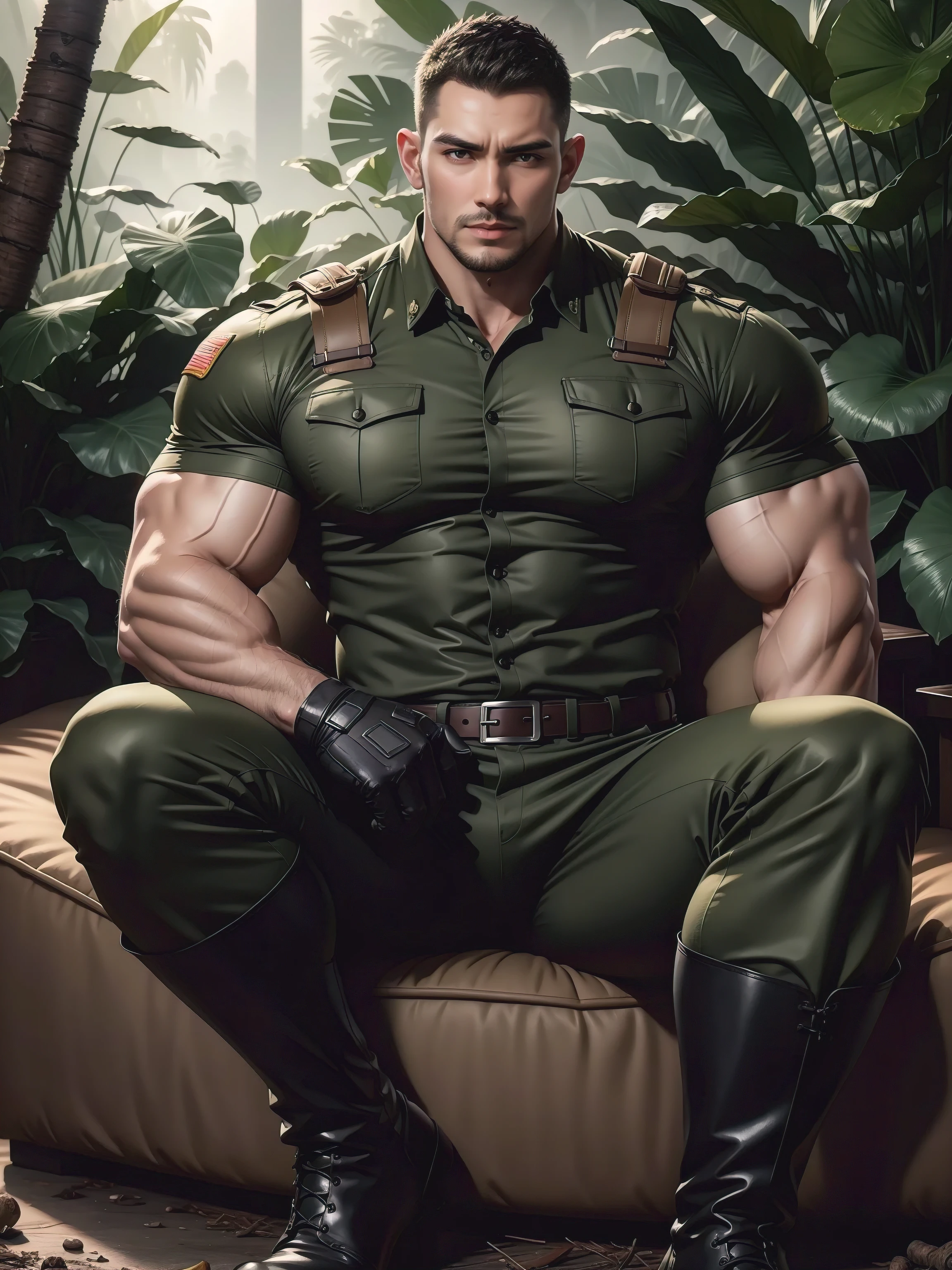 Tall giant muscular man with his mouth open and screaming sitting in the jungle，Dark brown camouflage military uniform，role conception（Resident Evil - chris redfield，chris redfield）His hairstyle  a crew cut，身穿Dark brown camouflage military uniform，matte texture，Soft and comfortable sofa，Sitting in the eerie sugar cane jungle, The body  wrapped in thick rattan，Sad expression，Deep and charming eyes，Sapphire eye male protagonist，heroic male pose，Tall and burly，muscular！Charming leg muscles，High, muscular, Heqiang， 身穿Dark brown camouflage military uniform， Super gain and cool， high resolution committee， Big feet in black boots，Charming strong man，The bright sunshine shines on you，Matte particles with shiny texture