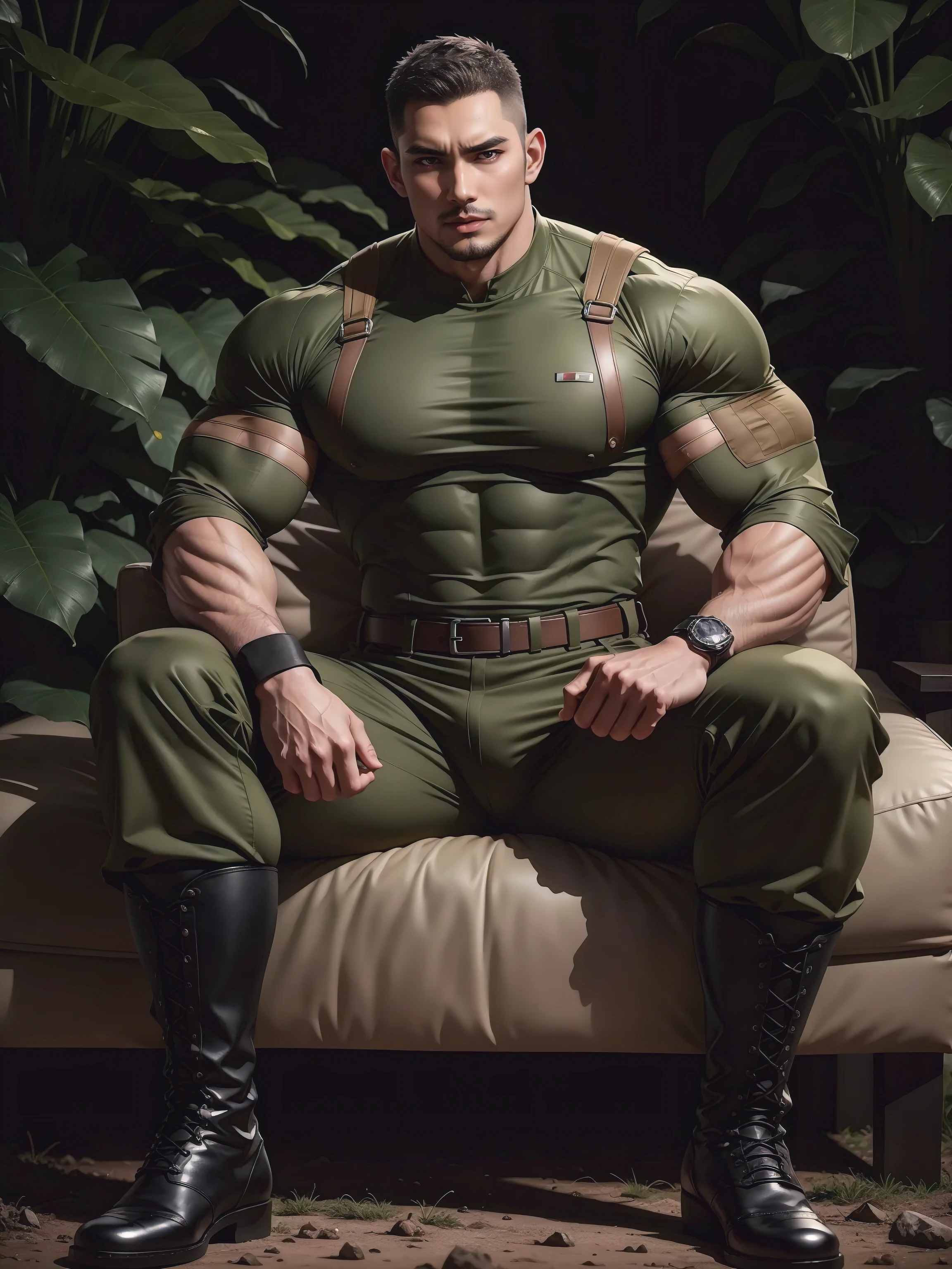 Tall giant muscular man with his mouth open and screaming sitting in the jungle,Dark brown camouflage military uniform,role conception(Resident Evil - chris redfield,chris redfield)His hairstyle a crew cut,身穿Dark brown camouflage military uniform,matte texture,Soft and comfortable sofa,Sitting in the eerie sugar cane jungle, The body wrapped in thick rattan,Sad expression,Deep and charming eyes,Sapphire eye male protagonist,heroic male pose,Tall and burly,muscular!Charming leg muscles,High, muscular, Heqiang, 身穿Dark brown camouflage military uniform, Super gain and cool, high resolution committee, Big feet in black boots,Charming strong man,The bright sunshine shines on you,Matte particles with shiny texture