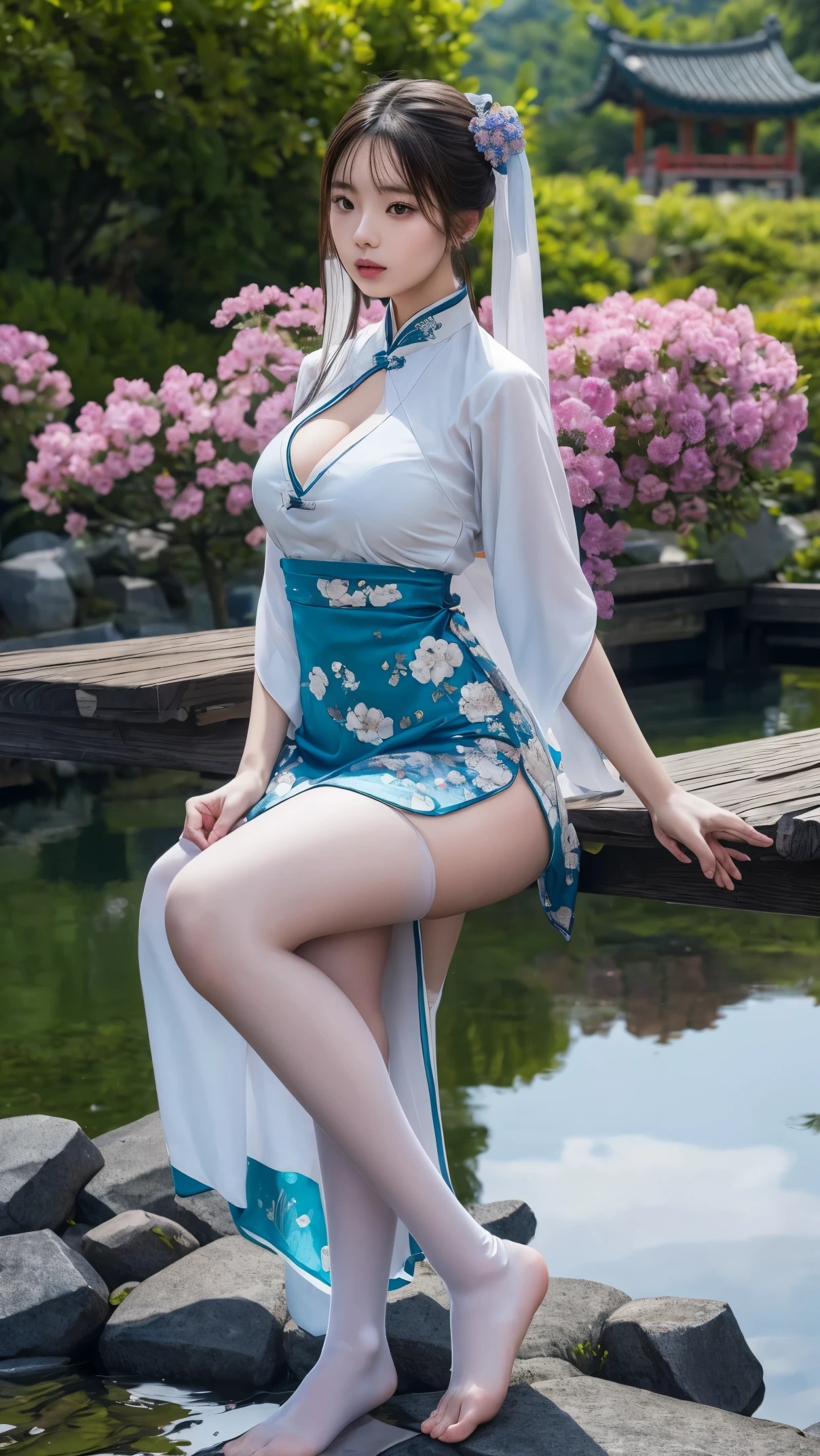 Sexy hanfu, 1girl, big breasts, cleavage, mountain, soaking feet, sitting, Chinese park background,white thigh highs,Clear water,(feet:1.3), too many flowers, big breasts, perfect body, extreme micro bunny theme clothes