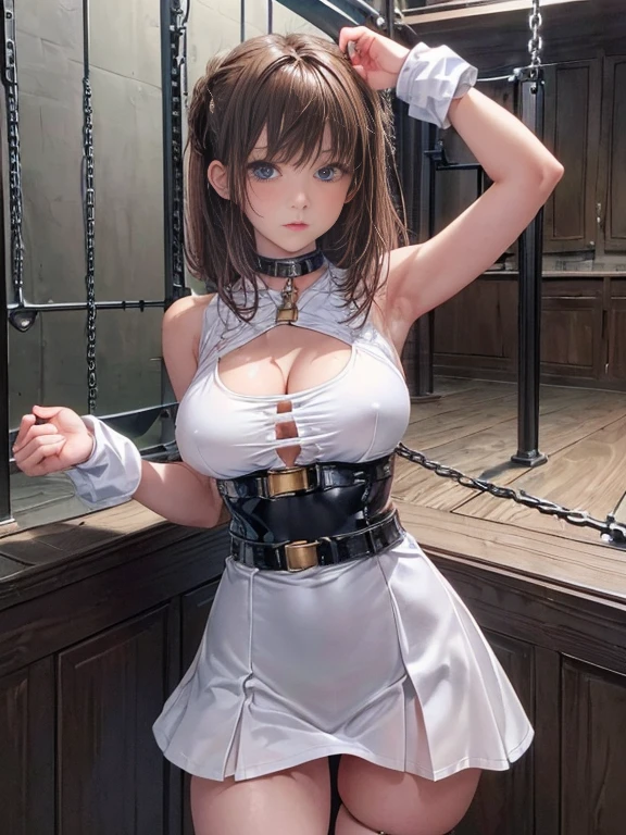 ((masterpiece)), ((best quality)), (ultra-detailed), NSFW, ((torture chamber)),(torture),(((single belt bound waist))),a cute girl, 1girl, solo, (white mini tanktop dress),(chain bound arms), (both hands are bound and is hung from the ceiling),((thin waist)),((bdsm)),beautiful brown hair, beautiful blue eyes, (beautiful eyes), long hair,troubled expression