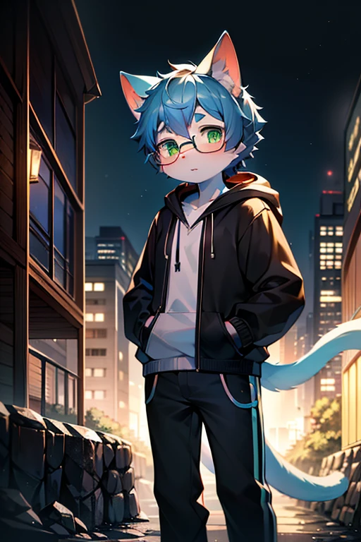 Masterpiece, 4K quality, top quality, high performance, high detailed, smooth, light, ((short cat, male gender, Light green eyes, green hair, white skin color, neon eyes, wear cyber hoodies, wear black tight boxer, wear black tights stockings, cyber lens, cyber glasses lens, holograms glasses)), (by eisuke_art), look at viewers with empty face, empty face, no smile, one hand grabbed the cyber gun, one hand in hoodie pocket, (blue color background, cyberpunk, cyber, cyberpunk 2077, core, cyberpunk style, cyberpunk building, holograms on building, sci-fi, futuristic, neon)