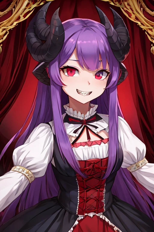 Long haired 18-year demon woman with pastel Purple hair with heterochromia one blue eye and red eye with sharp teeth wearing a Victorian dress that is Red and black (SFW)