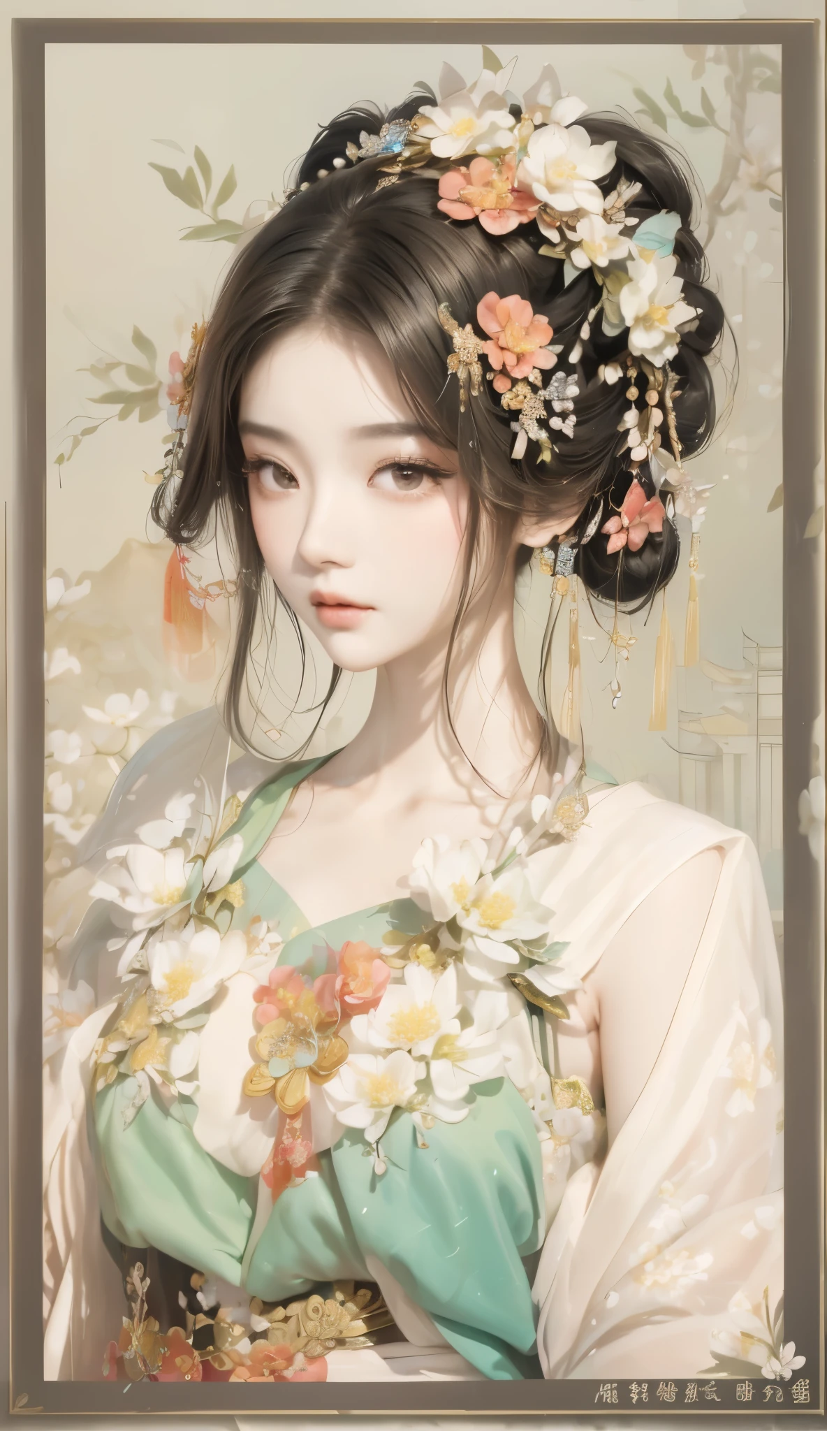 Close-up of woman with a flower in her hair, ((beautiful fantasy queen)), beautiful fantasy queen, palace ， A girl wearing Hanfu, ancient chinese princess, beautiful figure painting, chinese princess, Inspired by Qiu Ying, Inspired by Lan Ying, Queen of China, ancient asian dynasty princess, Inspired by Ma Yuanyu, Ancient China