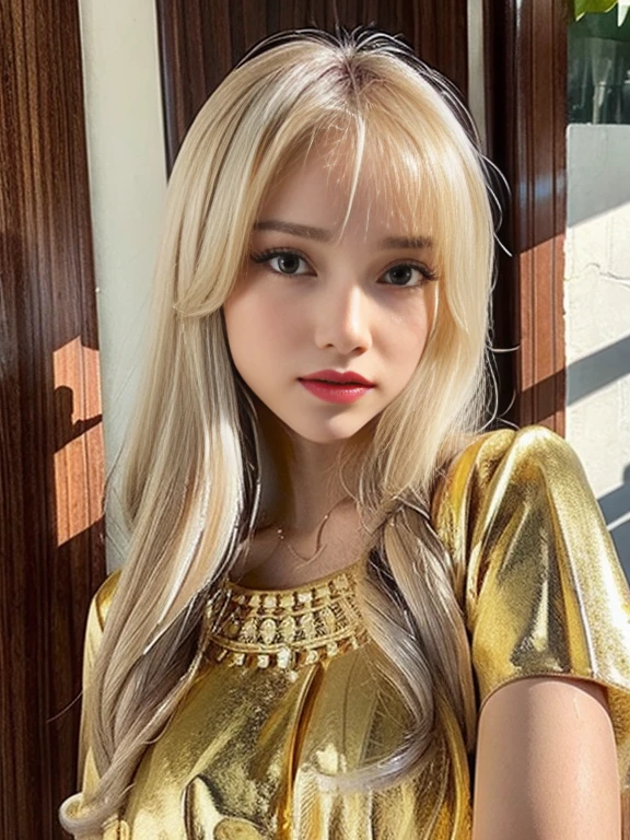 Bright blonde hair shining dazzling gold、long straight hair、pale green eyes、Transparent white and wet nightgown、European youth、perfect bodieace perfect、Bright makeup、Thin pink lips、Girl in the shower、1 girl in、Unbuttoned shirt、lipsticks、Hair buns、Colored inner hair、deceptive advertising、{steams}、Viewer Vision、Golden Hour Lighting、comic strip、Bokeh atmosphere perspective、detailedovie Light、intricate-detail、hight resolution、 Detailed features of face design、high détails、Clear Focus、Smoothness、aesthetics、high détails、printed、octane、{{masterpiece}}