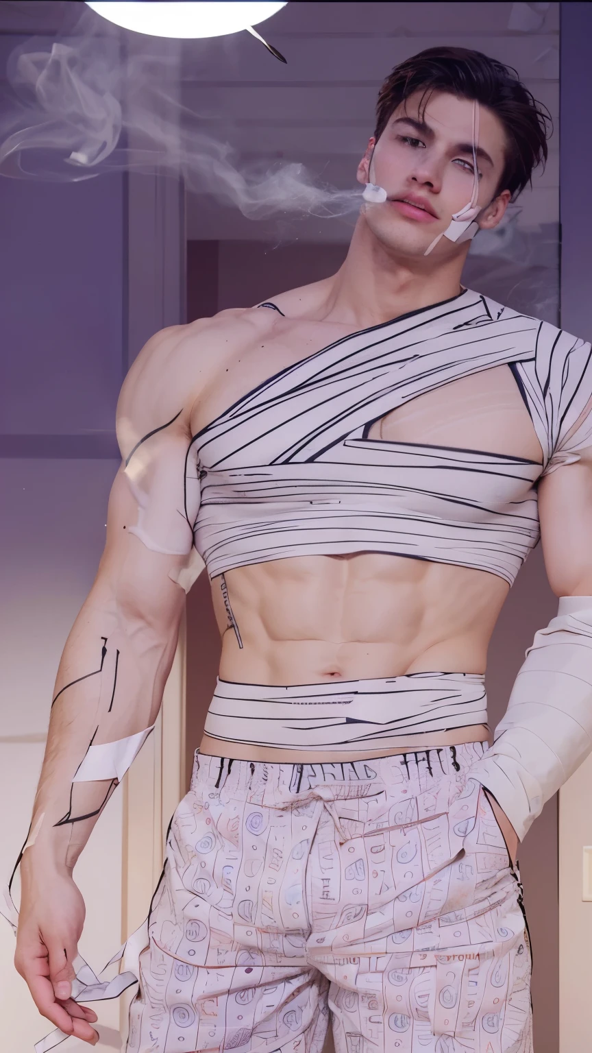 Photorealistic, ((best quality)), ((masterpiece)), (detailed), (horror:1.4) masculine portrait of young model dressed up as a mummy, 18-year-old male model, handsome, tall, cute looking, evil look, dark look, powerful, young male, handsome model, clean shave, (blue eyes:1.4). (short curly messy brown hair:1.2), messy curly hair, pale skin, (white pale skin:1.4), super strong, muscular, fit, massive muscles, six pack, hairless chest, shirtless, pantless, shirtless, barechested, chest exposed, upper-body exposed, muscle, ripped, strong body, fit body, barelegged, barefoot, (antique mummy bandages:1.7), mummy costume, egyptian ruins, (Sarcophagus:1.2), 8k, high detailed, ultra-detailed, Stylish Pose, real skin texture, dark cinematic lighting, night, dark night,
