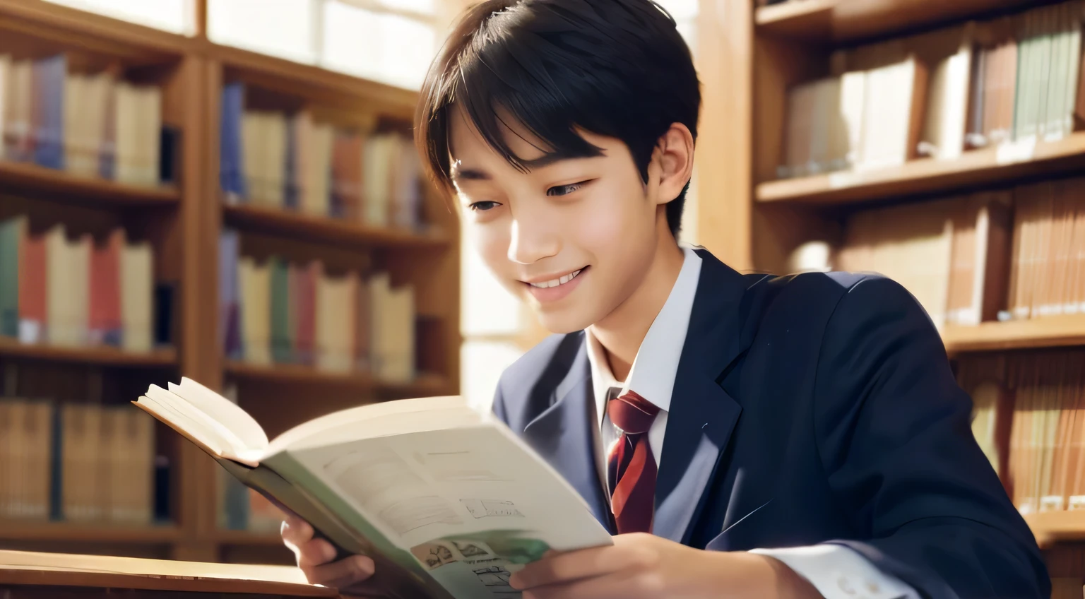 (RAW photo:1), (table top:1, highest quality:1), (8K photo), (photon mapping:1), (at the high school library:1.45), (realistic:1.8), (Upper body:1), (Ultra-fine eyes:1), (1 Japanese male student:1),(student:1), (Read textbooks:1), (sitting), ( school uniform:1), ( background), (15 years old), (looking at the viewer:1), (round face:1),(we say:0.2), (Bokeh), (Side view), smile , (Upper body:1.2)