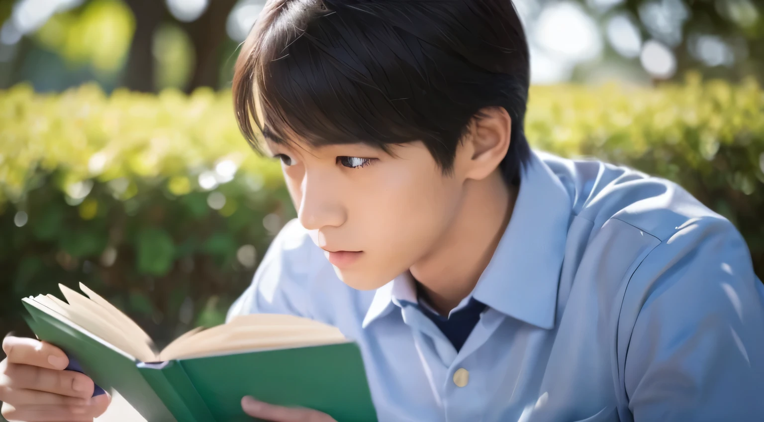 (RAW photo:1), (table top:1, highest quality:1), (8K photo), (photon mapping:1), (High school years:1), (realistic:1.8), (Upper body:1), (Ultra-fine eyes:1), (1 Japanese male student:1),(student:1), (reading a book:1), (sitting), ( school uniform:1), ( background), (15 years old), (looking at the viewer:1), (round face:1),(we say:0.2), (Bokeh), (Side view)