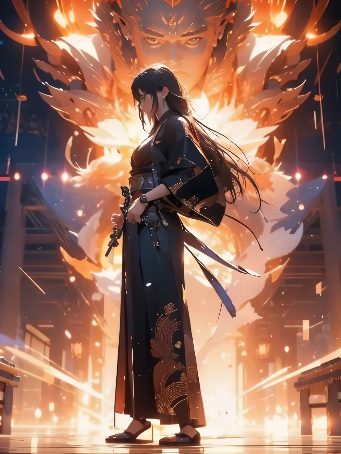 official art, unity 8k wallpaper, ultra detailed, beautiful and aesthetic, beautiful, masterpiece, best quality, dynamic angle, cowboy shot, the most beautiful form of chaos, elegant, a brutalist designed, vivid, romanticism, atmospheric, red and black kimono, cleavage, dark background, abstract background, motorcycle at the back