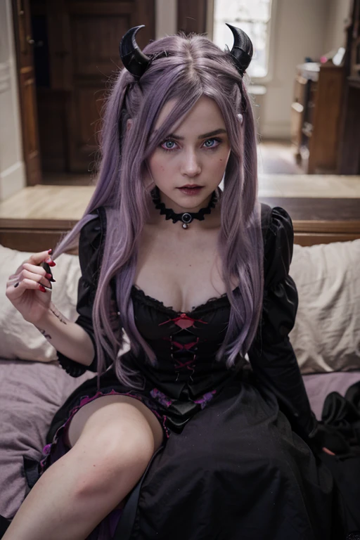 Masterpiece, best quality, 1girl, solo, long hair, ponytail, (purple hair:1.1), pretty eyes, large breasts, purpl3l4c3, bare shoulders, frills, choker, fishnets, off-shoulder dress, gothic, purple dress, black lace trim, short dress, evil eyes,(evil smirk:1.2), (open dress:1.4), parted lips, (saliva:1.1), face close-up, dark background