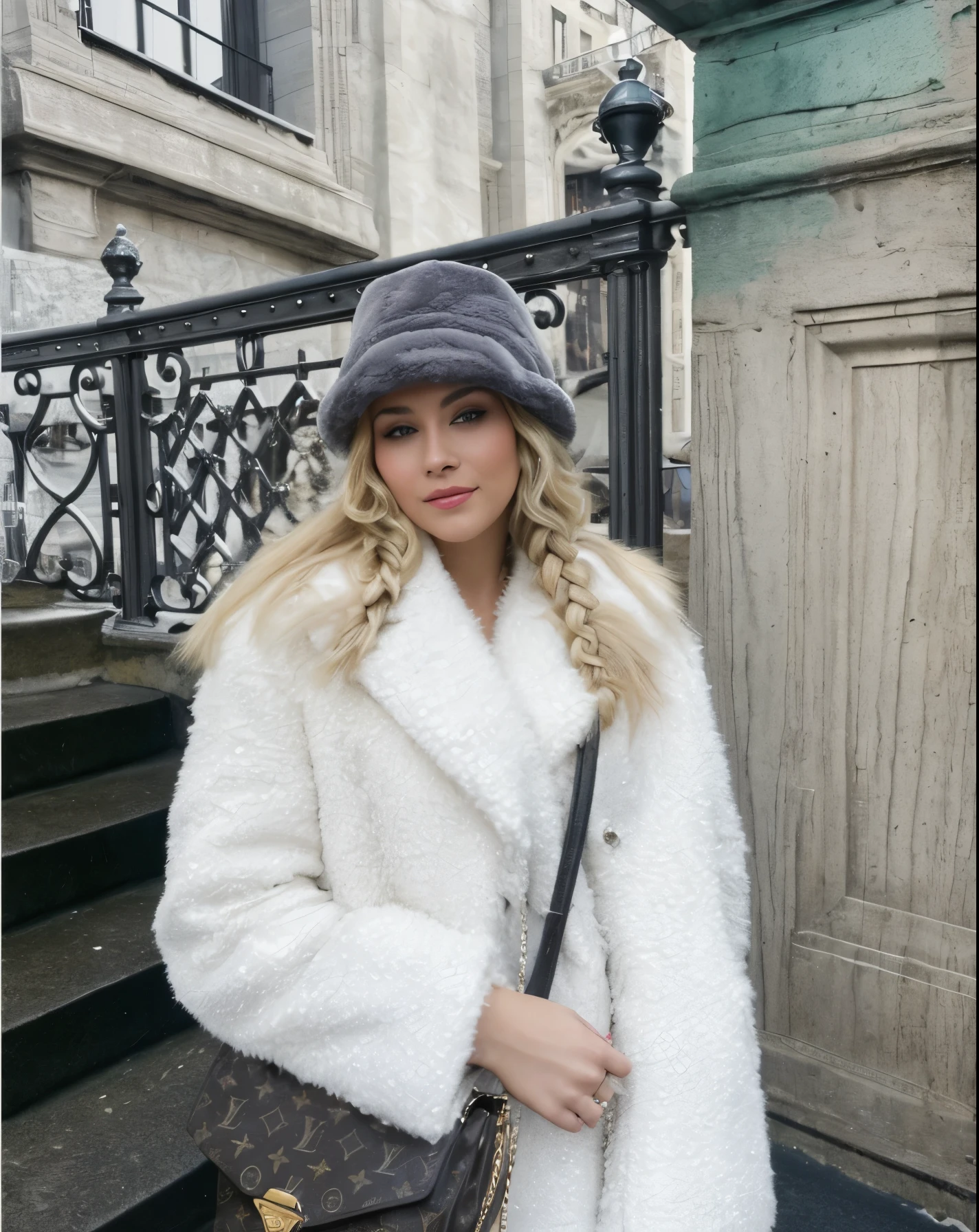 award winning glamour photograph,((best quality)), ((masterpiece)), ((realistic)), piercing eyes, very happy, blonde hair, ((quad braids)), white fur coat, black fur hat, louis vuitton purse, ((new york city background))