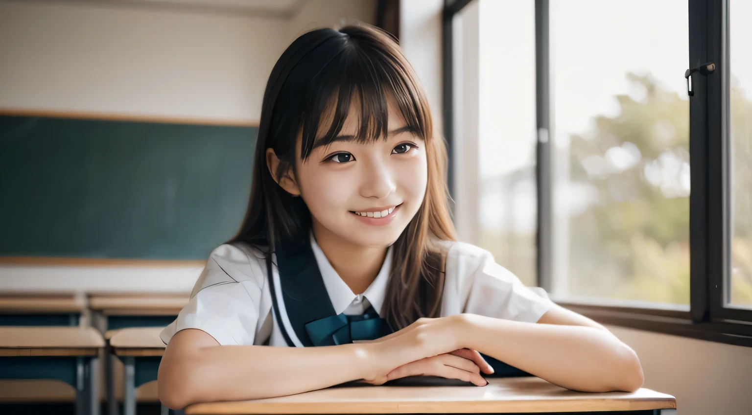 (RAW photo:1), (masterpiece:1, highest quality:1), (8K photo), (photon mapping:1), (In a high school classroom:1), (realistic:1.8), (Upper body:1), (super detailed eye:1),(no makeup :1.5),(1 Japanese high school girl:1),(1 Japanese male student:1.7),(student:1), (Read textbooks:1), (seiza:1.5),(Good posture :1.53), (Modern wooden classroom:1.6),(Black and white uniform:1.51), (Simple white background), (15 years old),  (round face:1),(we say:0.2), (Bokeh), (Side view),(light smile),(Look at each other:1.5), (eye contact:1.5),