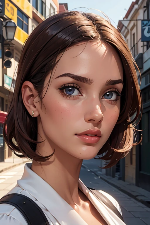 uma mulher com cabelo comprido, vestindo roupas casuais, Caminhando na cidade, realistic rosto perfeito, rosto bonito da mulher, Maquiagem glam, maquiagem de olhos escuros, cabelo castanho escuro e maquiagem, rosto perfeito model, Arabella mist splitter, rosto perfeito ), beautiful lips:5 elegante, lindo rosto feminino, rosto feminino atraente!!!, lindo rosto feminino, Linda maquiagem, rosto perfeito!!