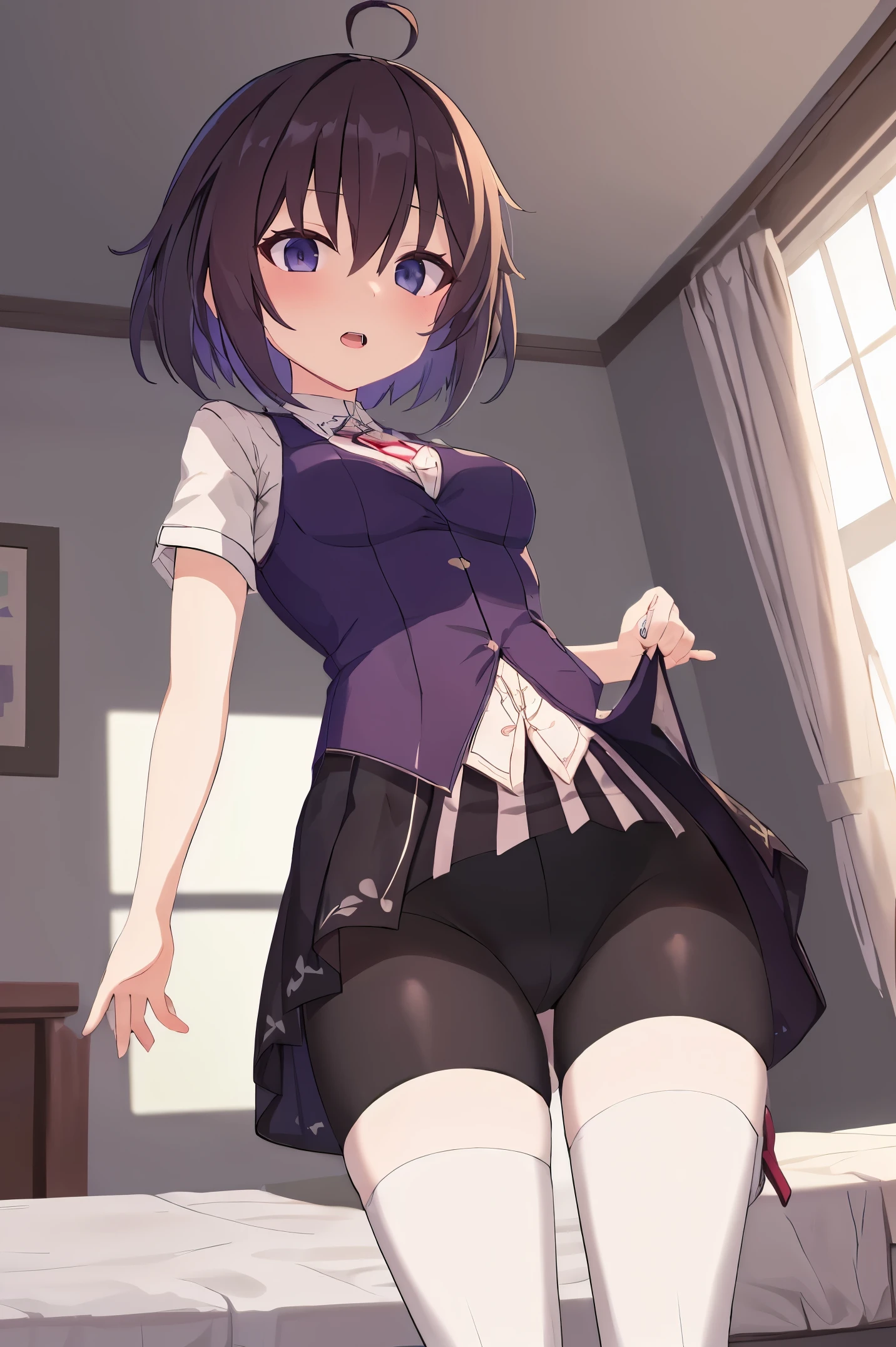 1 girl, best quality, ultra high res, ahoge, Seele Vollerei, looking at viewers, medium breast, standing, smile, small body, open mouth, azure memories, short sleeves, Bike Shorts, bedroom, white bed sheets, pov,